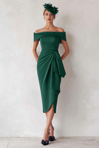 Dark Green Satin Ruched Off the Shoulder Midi Mother of the Bride Dress
