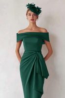Load image into Gallery viewer, Dark Green Satin Ruched Off the Shoulder Midi Mother of the Bride Dress