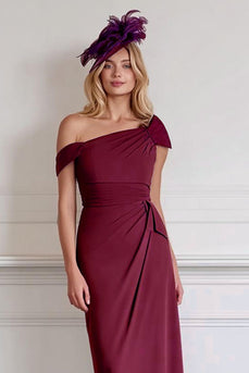 Burgundy Satin Pencil One Shoulder Midi Mother of the Bride Dress