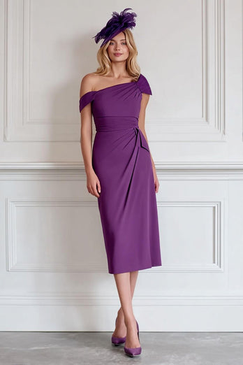 Burgundy Satin Pencil One Shoulder Midi Mother of the Bride Dress