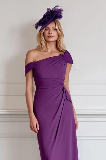 Burgundy Satin Pencil One Shoulder Midi Mother of the Bride Dress