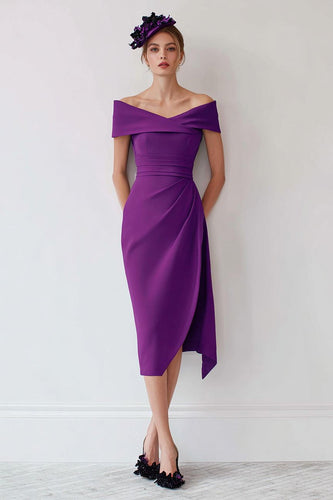 Grape Satin Off the Shoulder Midi Mother of the Bride Dress with Slit