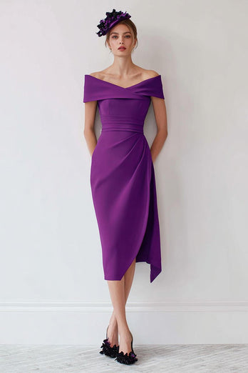 Grape Satin Off the Shoulder Midi Mother of the Bride Dress with Slit