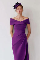 Load image into Gallery viewer, Grape Satin Off the Shoulder Midi Mother of the Bride Dress with Slit
