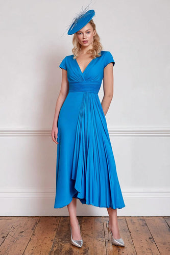 Blue A Line V-Neck Pleated Midi Mother of the Bride Dress with Sleeves