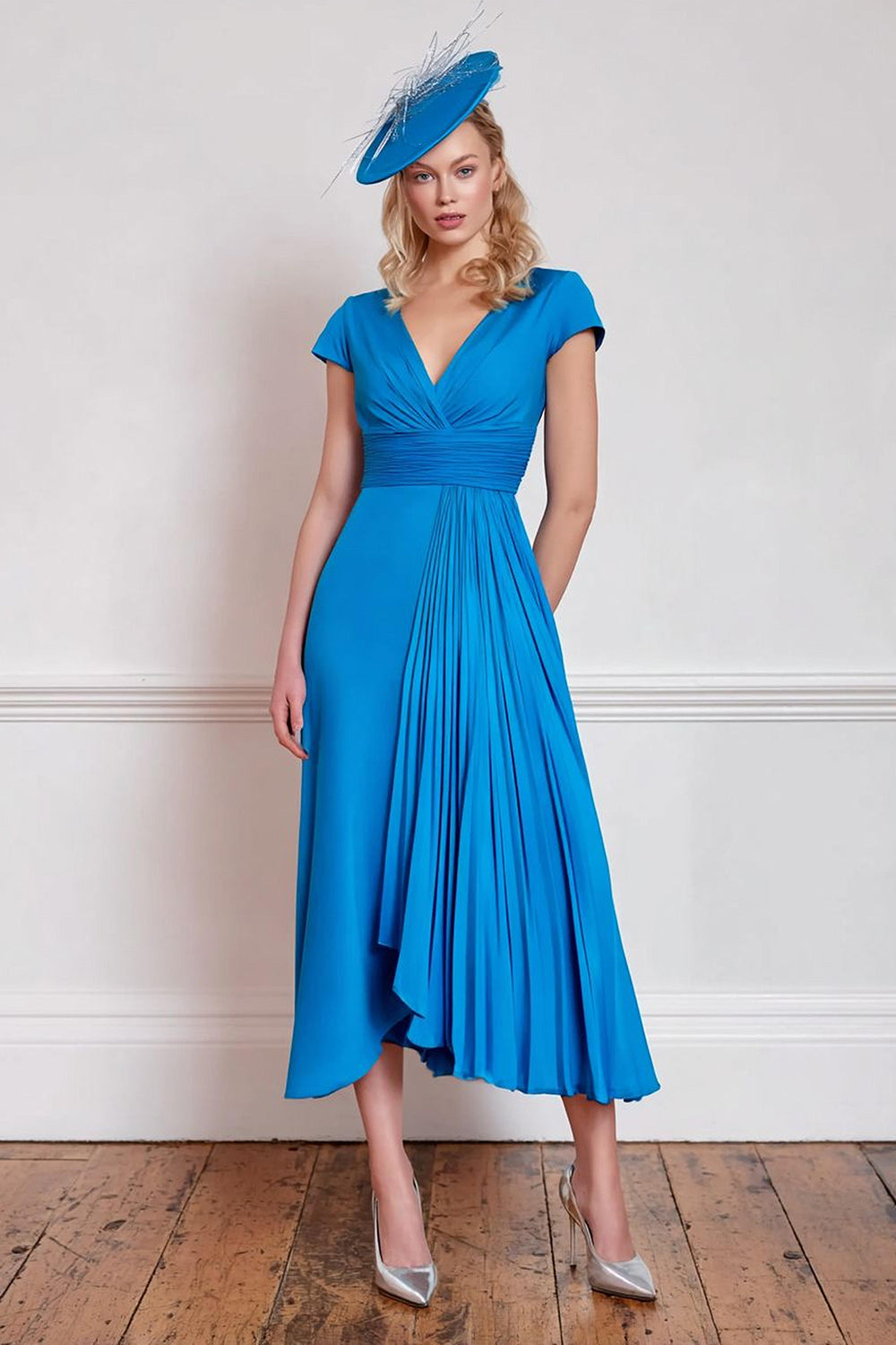 Blue A Line V-Neck Pleated Midi Mother of the Bride Dress with Sleeves