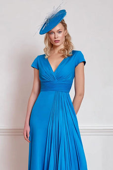 Blue A Line V-Neck Pleated Midi Mother of the Bride Dress with Sleeves