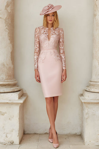 Blush Pink Bodycon Lace Sleeves Midi Mother of the Bride Dress