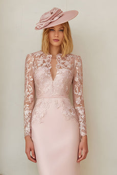 Blush Pink Bodycon Lace Sleeves Midi Mother of the Bride Dress