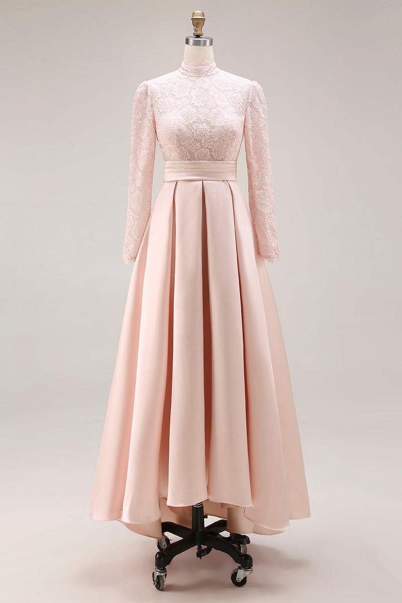 Load image into Gallery viewer, Candy Pink High Neck A Line Long Mother of the Bride Dress with Lace