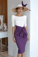 Load image into Gallery viewer, Grape Bodycon Satin Scoop Neck Midi Mother of the Bride Dress with Sleeves
