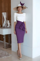 Load image into Gallery viewer, Grape Bodycon Satin Scoop Neck Midi Mother of the Bride Dress with Sleeves