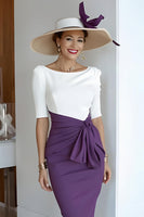Load image into Gallery viewer, Grape Bodycon Satin Scoop Neck Midi Mother of the Bride Dress with Sleeves