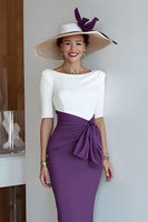Load image into Gallery viewer, Grape Bodycon Satin Scoop Neck Midi Mother of the Bride Dress with Sleeves