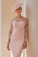 Load image into Gallery viewer, Blush Pink Bodycon Illusion Boat Neck Midi Mother of the Bride Dress with Lace