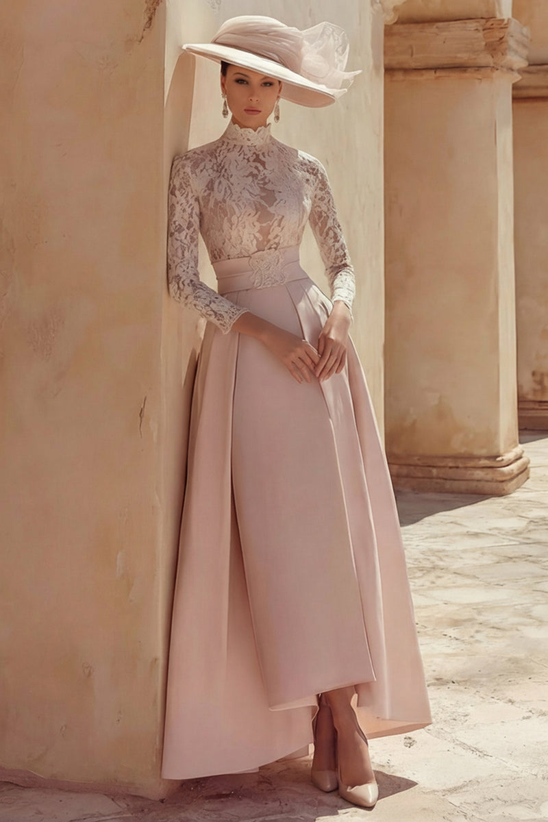 Load image into Gallery viewer, Candy Pink High Neck A Line Long Mother of the Bride Dress with Lace