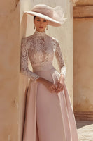 Load image into Gallery viewer, Candy Pink A Line High Neck Long Mother of the Bride Dress with Lace