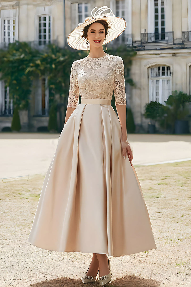 Load image into Gallery viewer, Blush Pink A Line Satin Long Mother of the Bride Dress with Lace