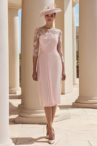 Blush Pink Illusion Boat Neck Pleated Midi Mother of the Bride Dress with Lace