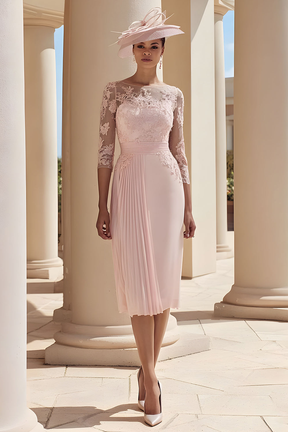 Blush Pink Illusion Boat Neck Pleated Midi Mother of the Bride Dress with Lace