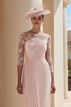 Blush Pink Illusion Boat Neck Pleated Midi Mother of the Bride Dress with Lace
