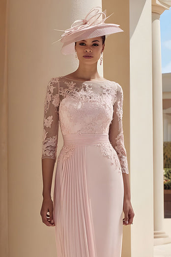 Blush Pink Illusion Boat Neck Pleated Midi Mother of the Bride Dress with Lace