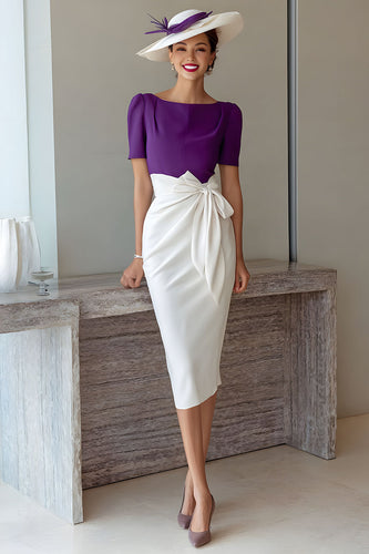 Grape Pencil Chiffon Boat Neck Midi Mother of the Bride Dress with Bow