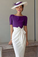 Load image into Gallery viewer, Grape Pencil Chiffon Boat Neck Midi Mother of the Bride Dress with Bow