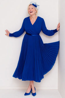 Dark Blue A Line Pleated V-Neck Long Sleeves Mother of the Bride Dress
