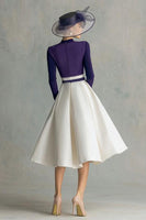 Load image into Gallery viewer, Plum Satin A Line High Neck Midi Mother of the Bride Dress with Sleeves