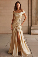 Load image into Gallery viewer, Champagne Metallic Off the Shoulder Long Mother of the Bride Dress with Slit