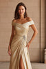 Load image into Gallery viewer, Champagne Metallic Off the Shoulder Long Mother of the Bride Dress with Slit