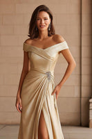 Load image into Gallery viewer, Champagne Metallic Off the Shoulder Long Mother of the Bride Dress with Slit