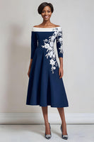 Load image into Gallery viewer, Floral Navy A Line Satin Midi Mother of the Bride Dress with Appliques