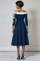 Load image into Gallery viewer, Floral Navy A Line Satin Midi Mother of the Bride Dress with Appliques