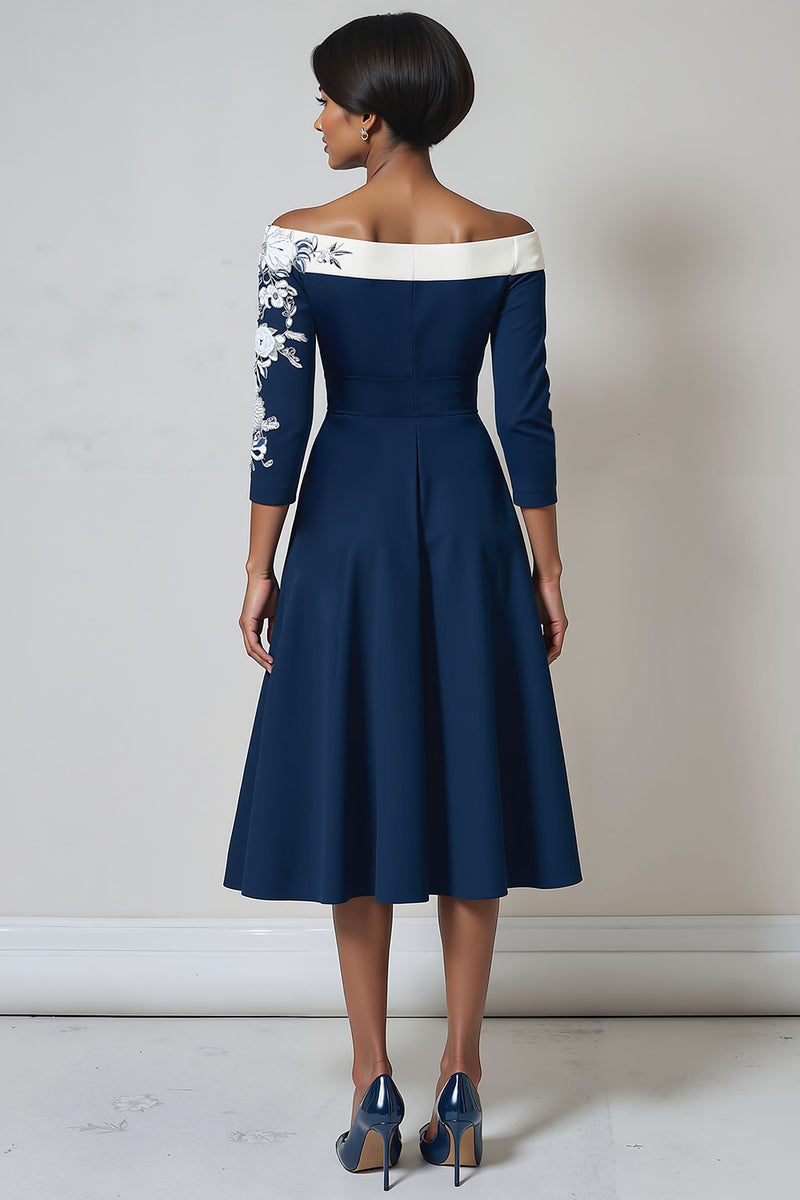 Load image into Gallery viewer, Floral Navy A Line Satin Midi Mother of the Bride Dress with Appliques