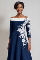 Load image into Gallery viewer, Floral Navy A Line Satin Midi Mother of the Bride Dress with Appliques