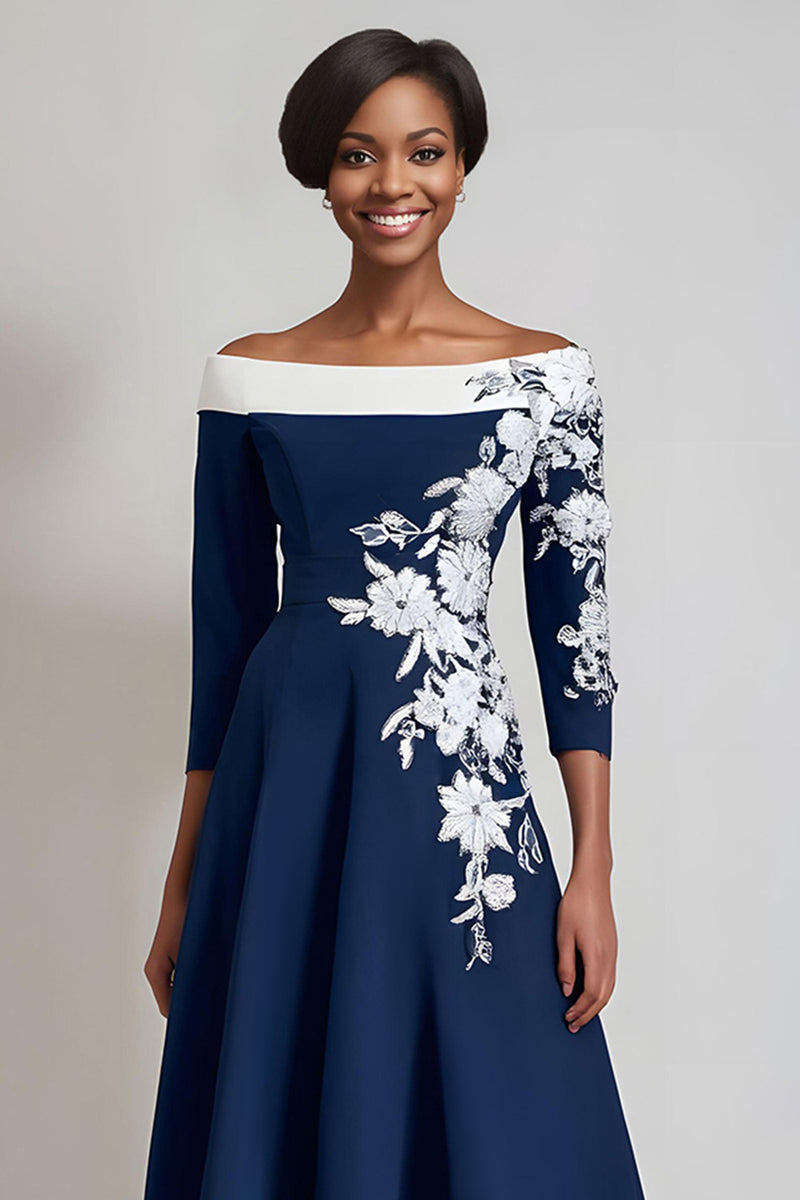 Load image into Gallery viewer, Floral Navy A Line Satin Midi Mother of the Bride Dress with Appliques