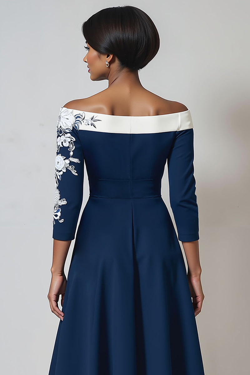 Load image into Gallery viewer, Floral Navy A Line Satin Midi Mother of the Bride Dress with Appliques
