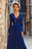 Load image into Gallery viewer, Dark Blue Chiffon V-Neck Long Sleeves Mother of the Bride Dress with Lace