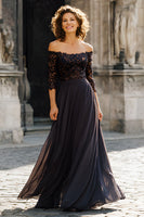 Load image into Gallery viewer, Black Off the Shoulder Chiffon Long Mother of the Bride Dress with Lace