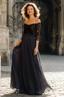 Load image into Gallery viewer, Black Off the Shoulder Chiffon Long Mother of the Bride Dress with Lace