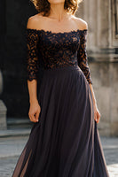 Load image into Gallery viewer, Black Off the Shoulder Chiffon Long Mother of the Bride Dress with Lace
