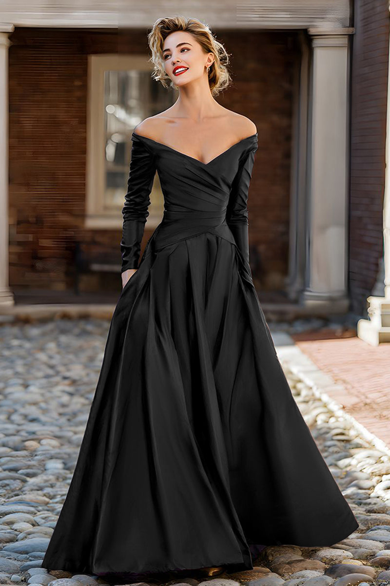 Load image into Gallery viewer, Plum Off the Shoulder Taffeta A Line Long Sleeves Mother of the Bride Dress