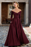 Load image into Gallery viewer, Queendancer Women Plum Taffeta Long Sleeves Mother of the Bride Dress with Pockets Ruched Off the Shoulder A Line Wedding Guest Dress