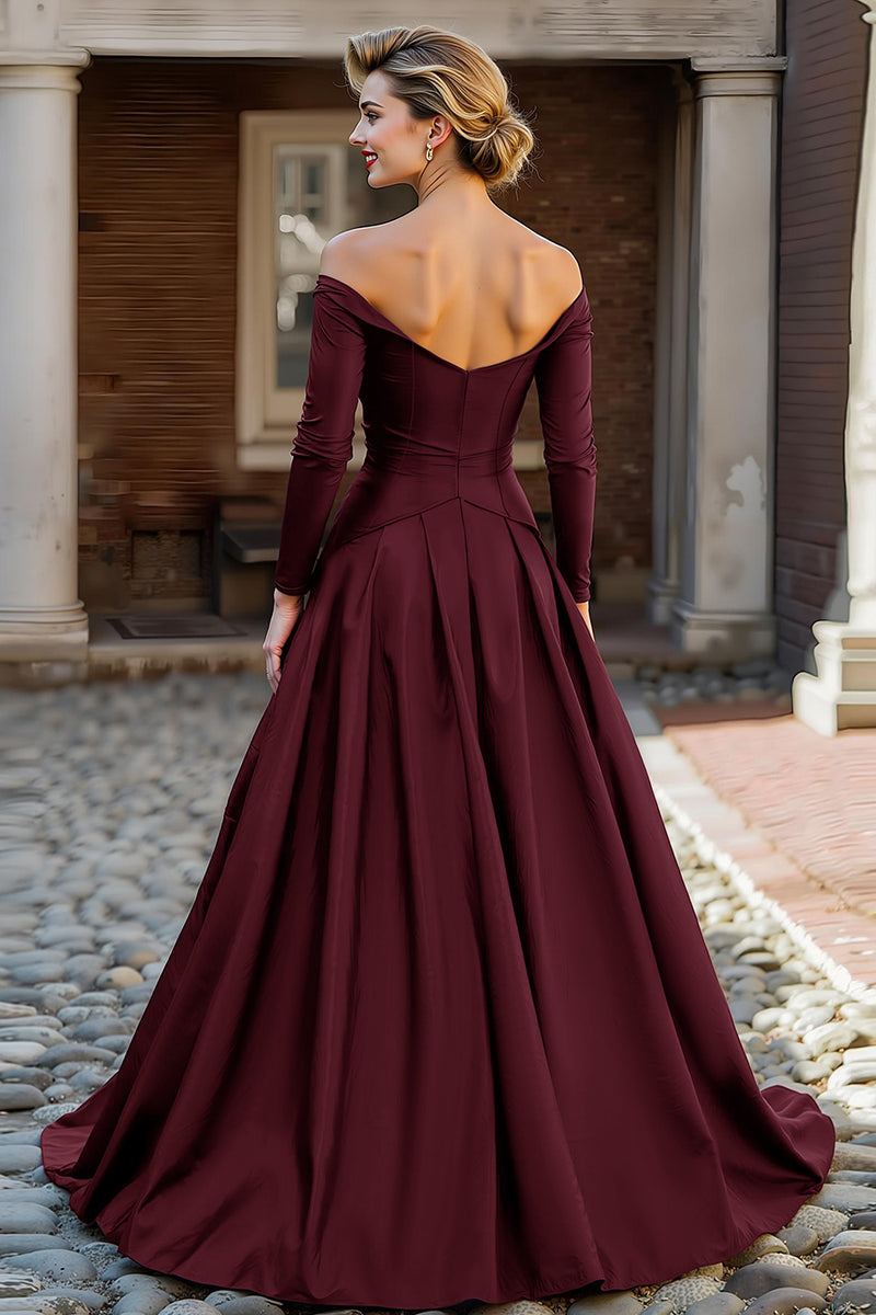 Load image into Gallery viewer, Plum Off the Shoulder Taffeta A Line Long Sleeves Mother of the Bride Dress