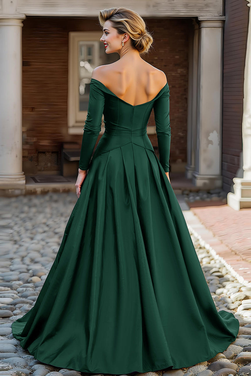Load image into Gallery viewer, Plum Off the Shoulder Taffeta A Line Long Sleeves Mother of the Bride Dress