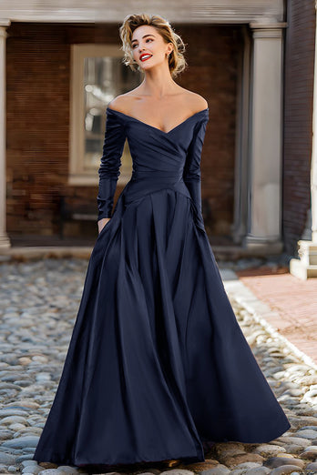 Plum Off the Shoulder Taffeta A Line Long Sleeves Mother of the Bride Dress