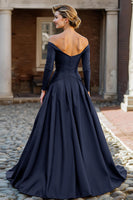Load image into Gallery viewer, Plum Taffeta A Line Off the Shoulder Long Sleeves Mother of the Bride Dress