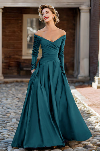 Plum Off the Shoulder Taffeta A Line Long Sleeves Mother of the Bride Dress